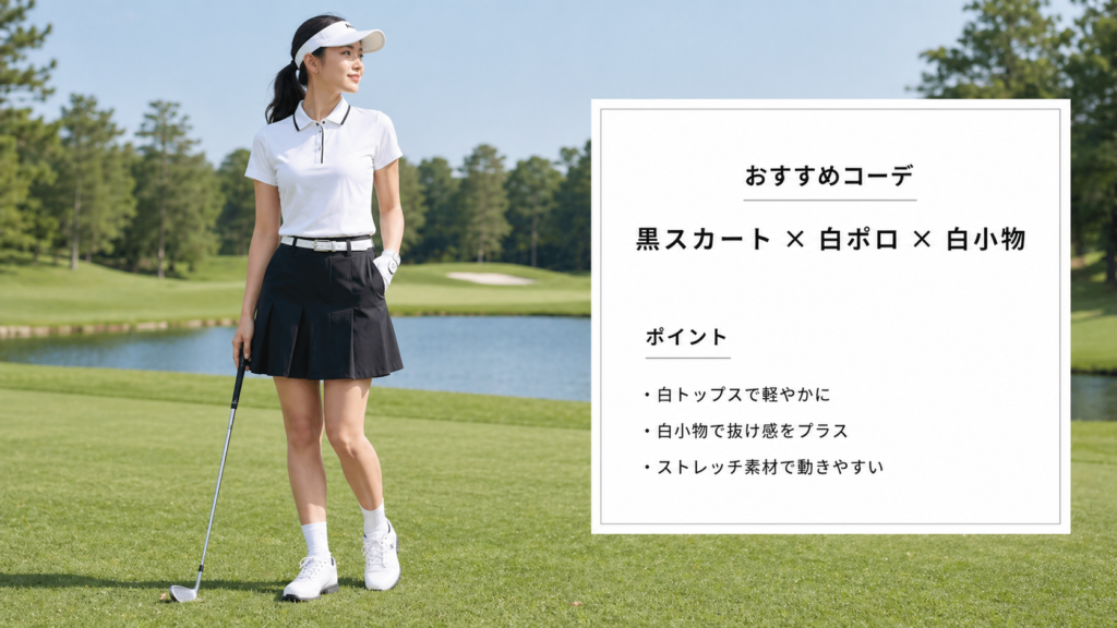 レディース向けの黒コーデ例と特徴を入れた画像