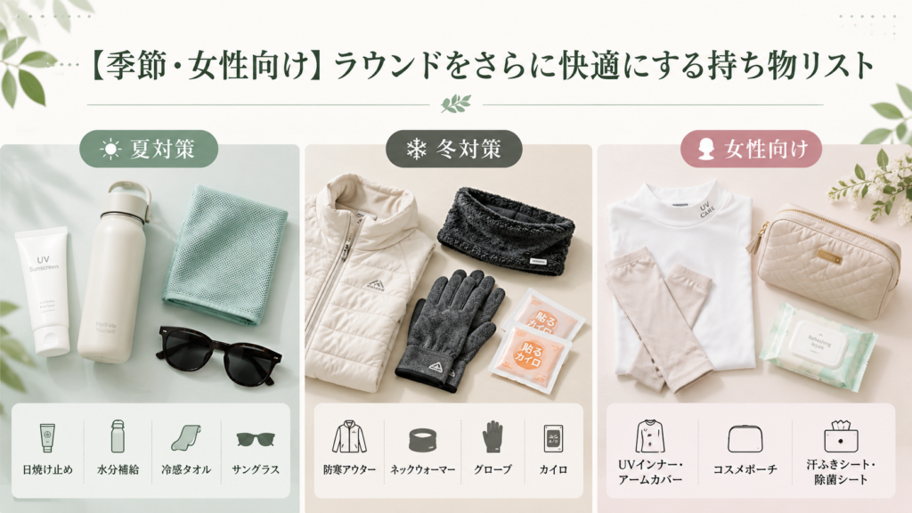 季節別に女性向けのゴルフグッズを紹介している画像