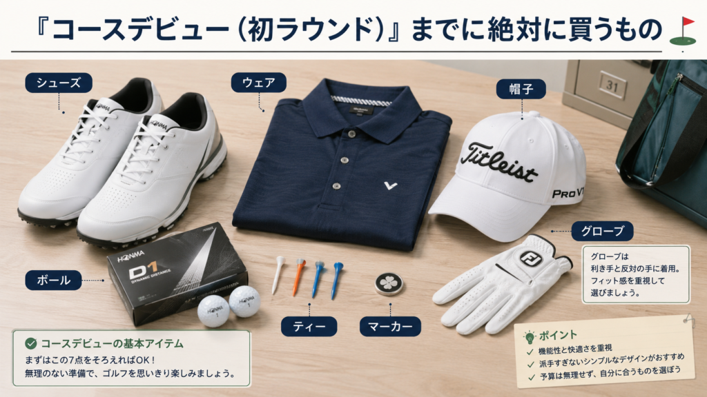 コースデビューの初心者が揃えるべきアイテムを並べた画像