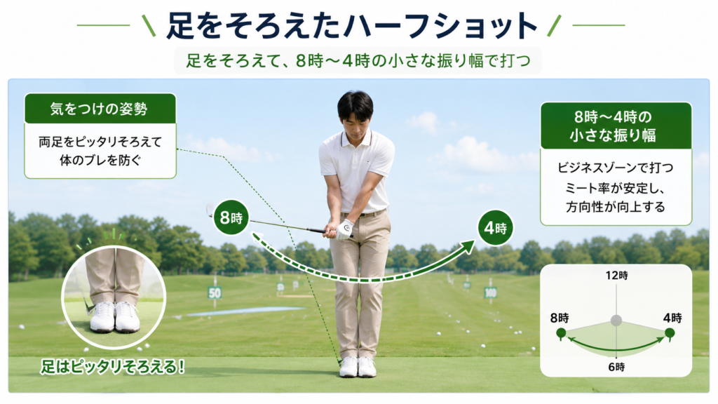 足を揃えたハーフショットの練習方法を表した画像