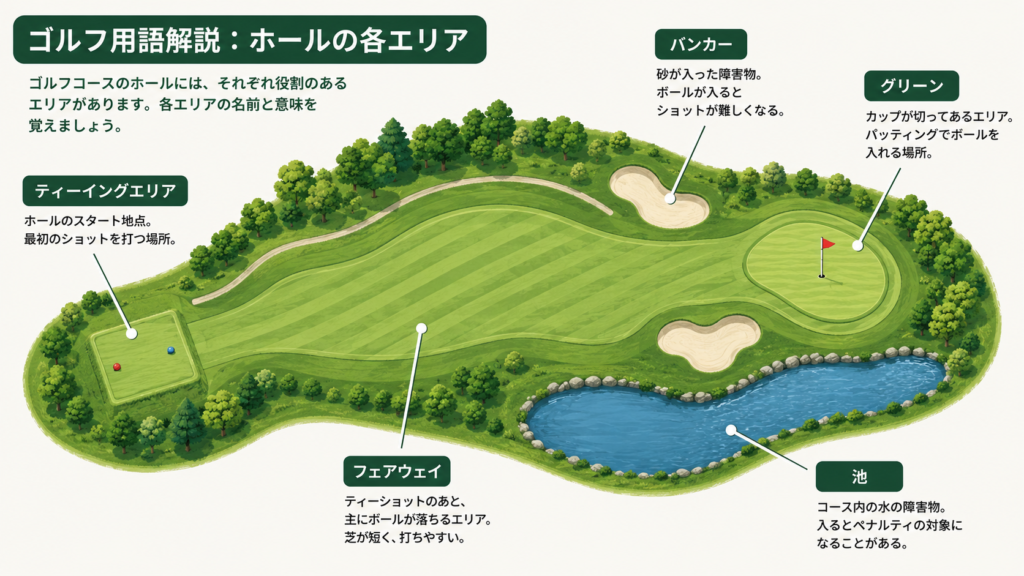 ゴルフコースのホールについての解説イラスト